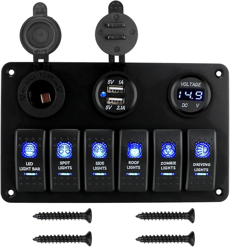 DEMULAX 6 Gang Rocker Switch Panel with Dual USB Ports - Image 1