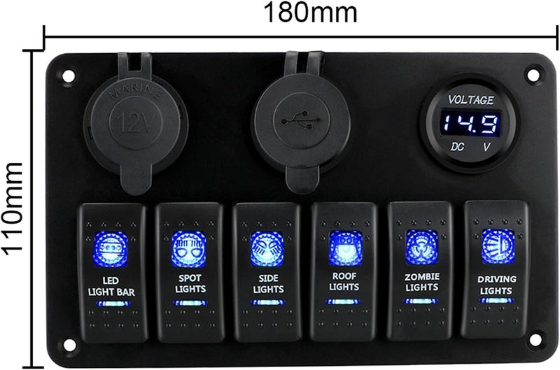 DEMULAX 6 Gang Rocker Switch Panel with Dual USB Ports - Image 2