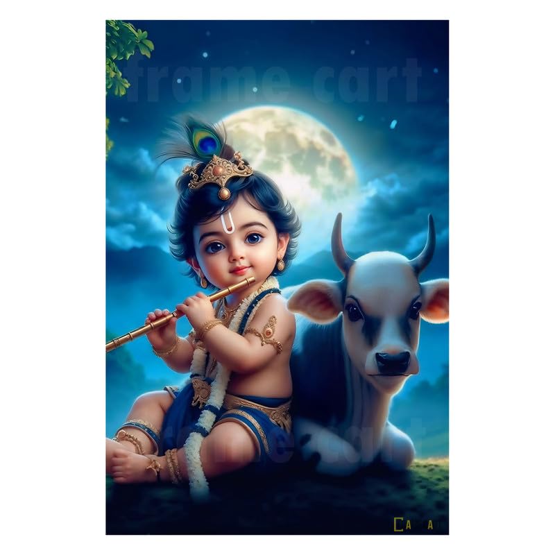 Frame Cart Baby Krishna Poster - Bal Gopal Photo | Kanha Ji Religious photo for Pregnant Women Bedroom Wall | Unframed Vinyl Poster 12x18 (Design 14) - Image 1