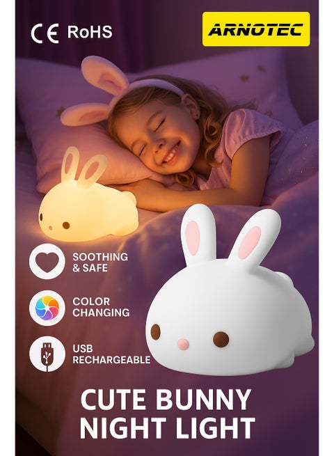 Cute Night Light for Kids USB Rechargeable for Children Nursery Baby Gift Cute Bunny Light Touch 7 Color Changing Rabbit Silicone Night Lamp for Girls Newborn Room Decor