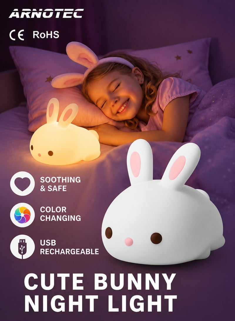 ARNOTEC Cute Night Light for Kids USB Rechargeable for Children Nursery Baby Gift Cute Bunny Light Touch 7 Color Changing Rabbit Silicone Night Lamp for Girls Newborn Room Decor - Image 1