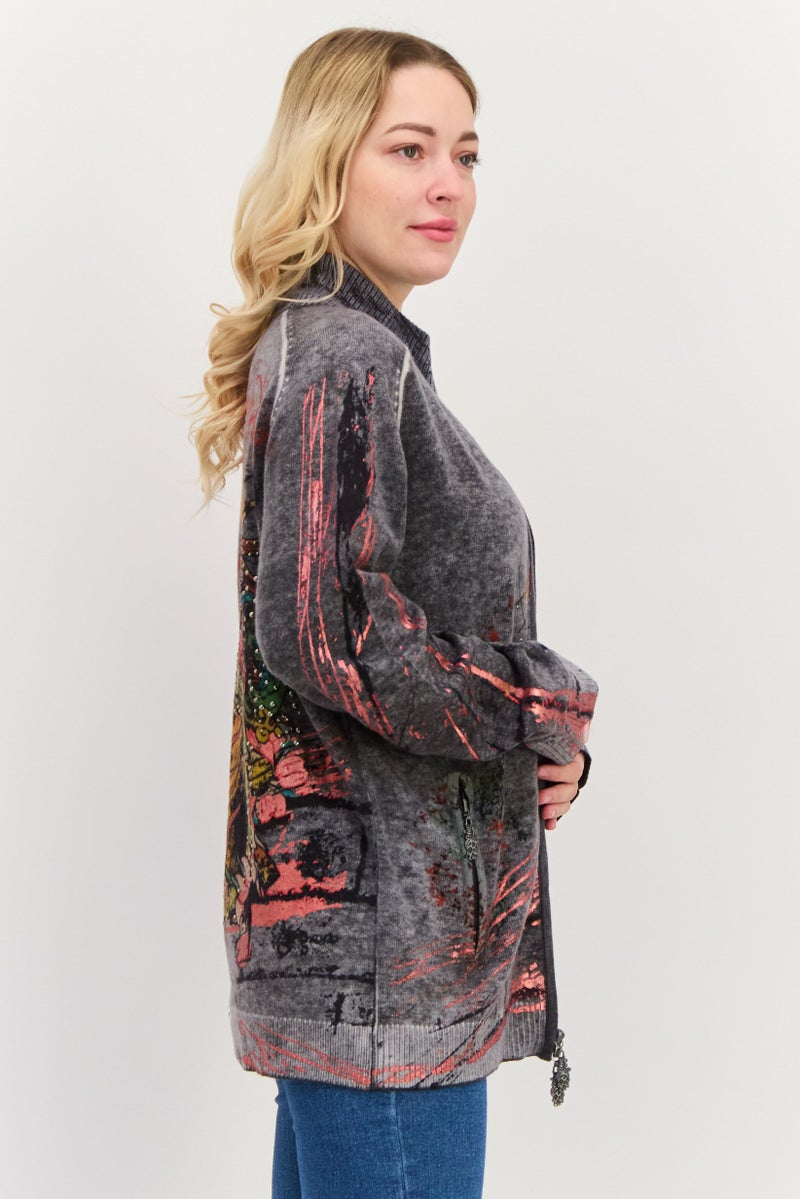 Ed Hardy كارديجان نسائي بطباعة جرافيك برقبة مزيفة، مزيج رمادي - Image 2