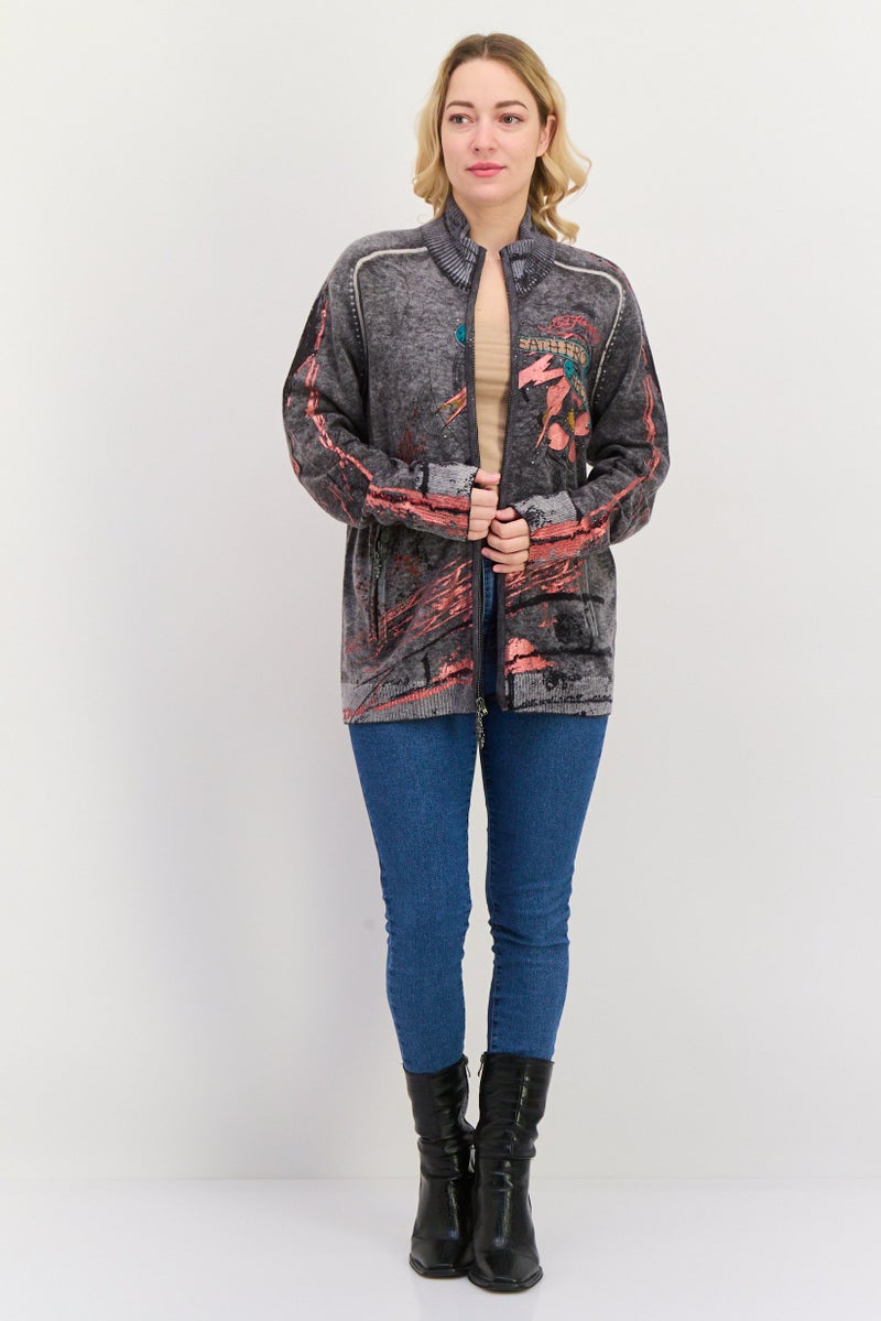 Ed Hardy كارديجان نسائي بطباعة جرافيك برقبة مزيفة، مزيج رمادي - Image 4