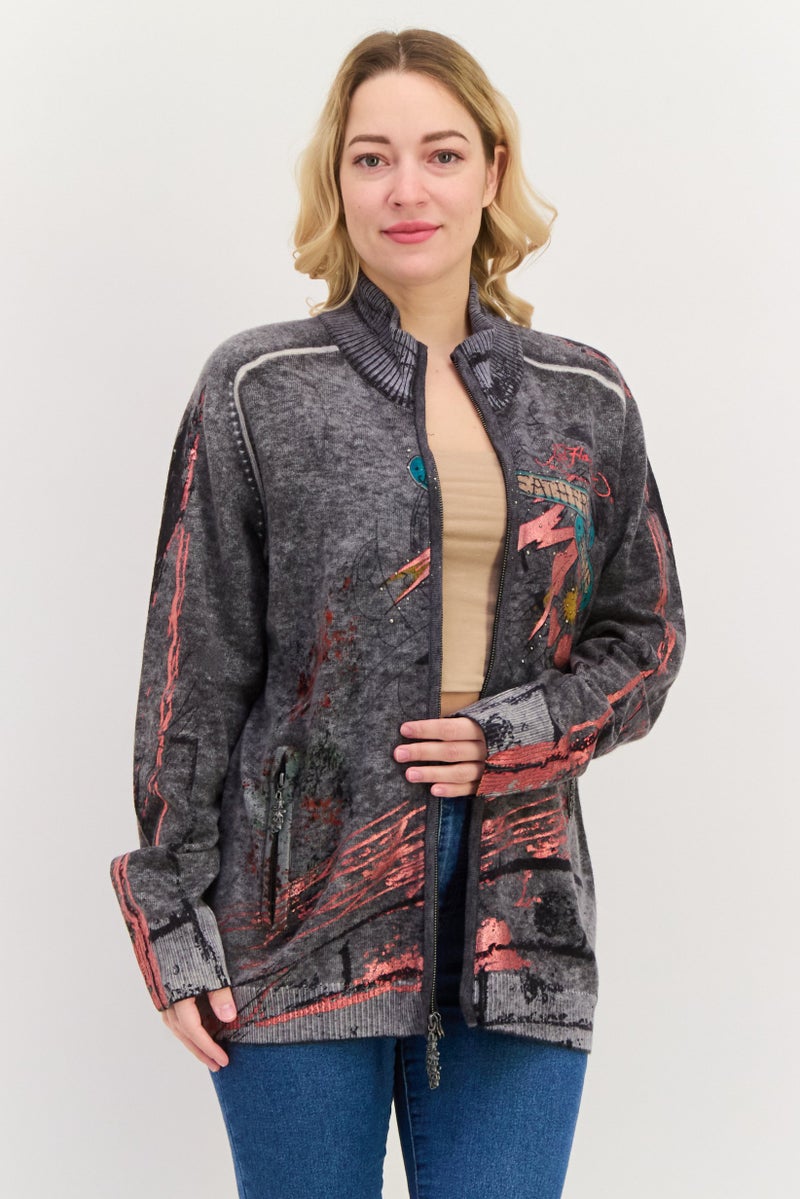 Ed Hardy كارديجان نسائي بطباعة جرافيك برقبة مزيفة، مزيج رمادي - Image 1