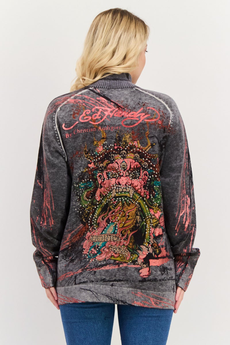 Ed Hardy كارديجان نسائي بطباعة جرافيك برقبة مزيفة، مزيج رمادي - Image 3