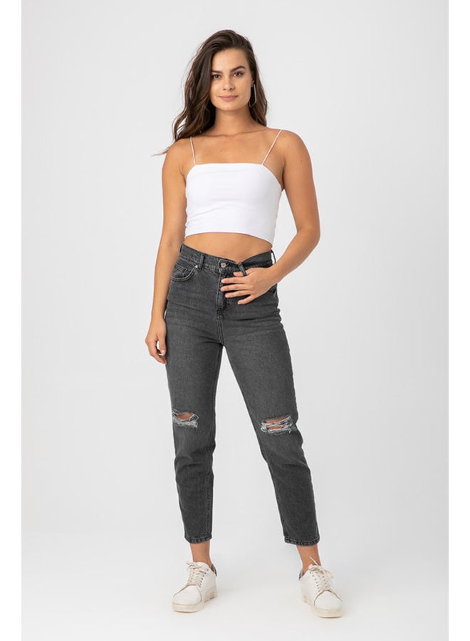 Marco Bergamo بنطلون جينز نسائي بقصّة ممزقة بقصّة MOM FIT - Image 1