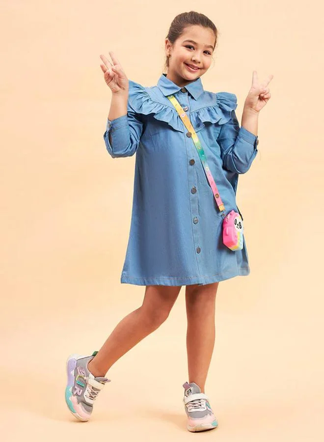 Stylo Bug Solid Collared Shirt Dress with Ruffled Detailing by Styli