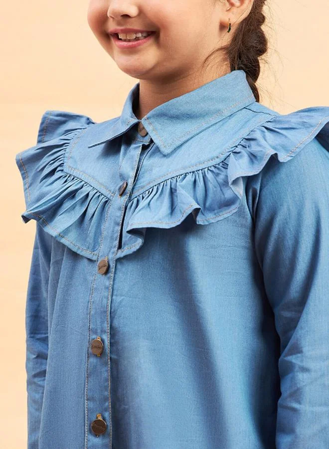Stylo Bug Solid Collared Shirt Dress with Ruffled Detailing by Styli