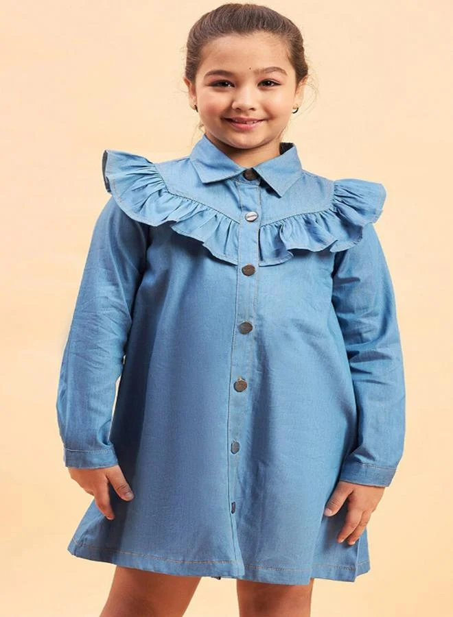 Stylo Bug Solid Collared Shirt Dress with Ruffled Detailing by Styli