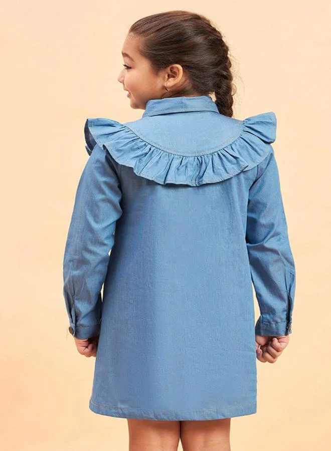 Stylo Bug Solid Collared Shirt Dress with Ruffled Detailing by Styli
