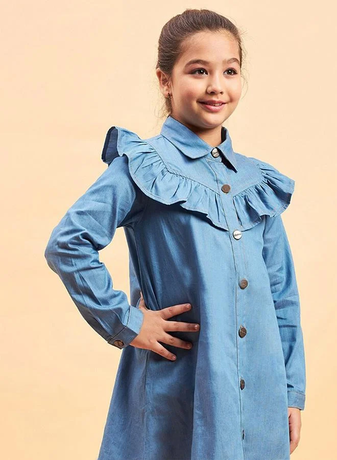 Stylo Bug Solid Collared Shirt Dress with Ruffled Detailing by Styli