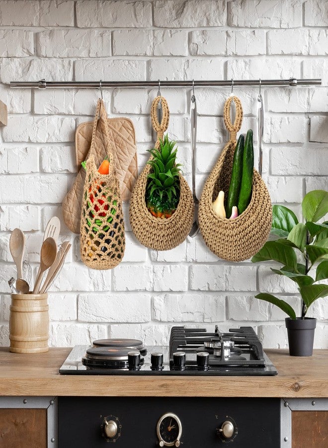 Woanger 9 Pcs Jute Hanging Fruit Baskets for Kitchen Boho Hanging Basket Woven Wall Basket Storage Garlic Keeper for Potato Onion Banana Vegetable Produce Hammock Holder Home Kitchen Decor(Brown) - Image 3