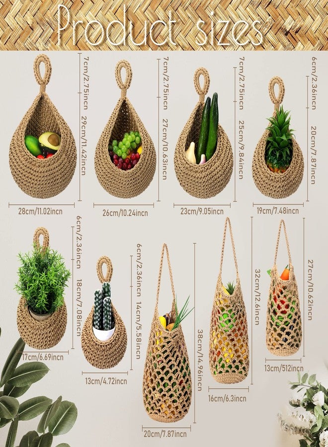 Woanger 9 Pcs Jute Hanging Fruit Baskets for Kitchen Boho Hanging Basket Woven Wall Basket Storage Garlic Keeper for Potato Onion Banana Vegetable Produce Hammock Holder Home Kitchen Decor(Brown) - Image 2