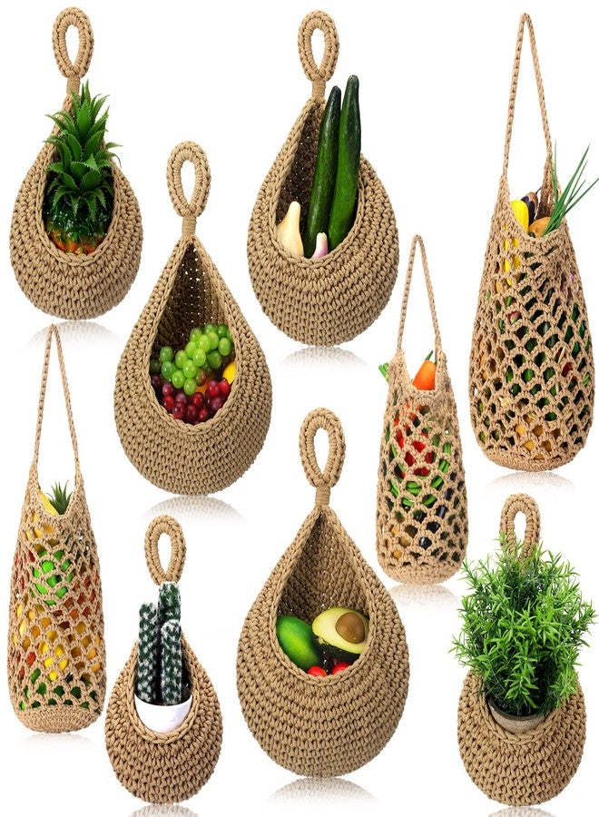 Woanger 9 Pcs Jute Hanging Fruit Baskets for Kitchen Boho Hanging Basket Woven Wall Basket Storage Garlic Keeper for Potato Onion Banana Vegetable Produce Hammock Holder Home Kitchen Decor(Brown) - Image 1