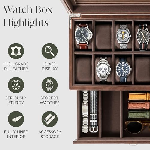 TAWBURY Watch Box for Men - 12 Slot Watch Case with Storage Drawer, Real Glass Display and 2-inch Wide Pillows for Large Watches (Brown) - Image 5