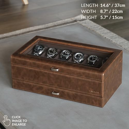 TAWBURY Watch Box for Men - 12 Slot Watch Case with Storage Drawer, Real Glass Display and 2-inch Wide Pillows for Large Watches (Brown) - Image 3