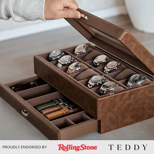 TAWBURY Watch Box for Men - 12 Slot Watch Case with Storage Drawer, Real Glass Display and 2-inch Wide Pillows for Large Watches (Brown) - Image 2