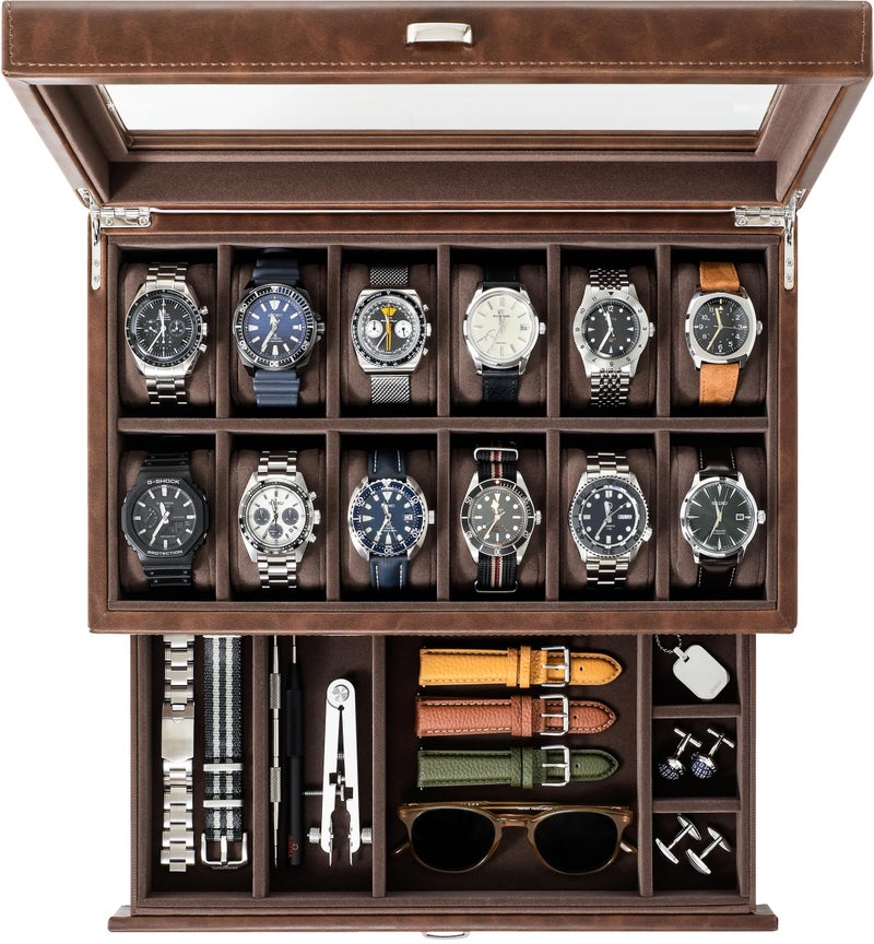TAWBURY Watch Box for Men - 12 Slot Watch Case with Storage Drawer, Real Glass Display and 2-inch Wide Pillows for Large Watches (Brown) - Image 1