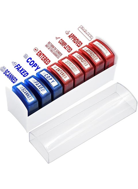Self Inking Office Stamp Set For Approved Paid Completed Copy Faxed Scanned Stamps Rubber Business Stamp 8 Pcs With Plastic Tray Message Account Stamp Paper Work Text Ink Stampers