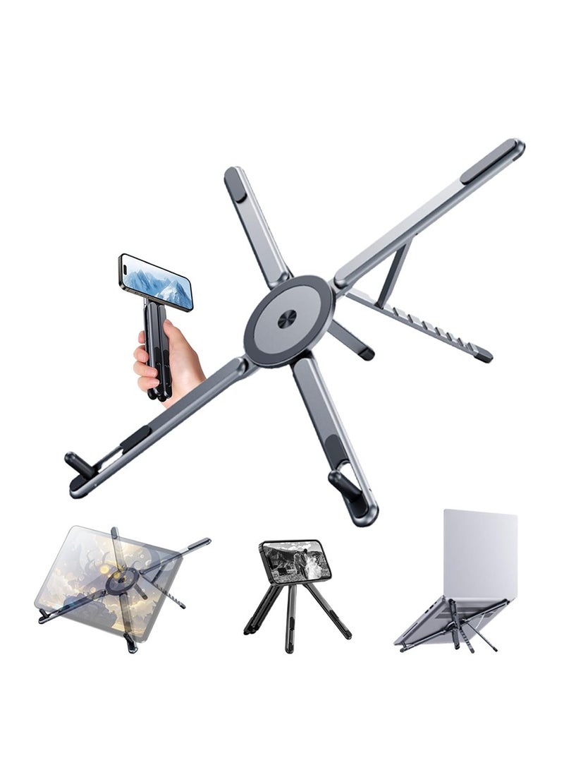 حامل ثلاثي الوظائف للكمبيوتر المحمول/الجهاز اللوحي/الهاتف، حامل مغناطيسي متعدد الأجهزة متوافق مع Magsafe، مصنوع من سبائك الألومنيوم القابلة للطي. حامل كمبيوتر محمول قابل للطي للمكاتب، حامل محمول متكامل للكمبيوتر المحمول والهاتف والجهاز اللوحي مع تثبيت مغناطيسي - ألومنيوم قابل للتعديل بثماني زوايا وقاعدة مضادة للانزلاق لأجهزة الكمبيوتر المحمولة مقاس 10-15.6 بوصة. - Image 1