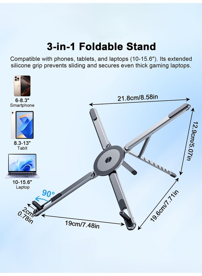 حامل ثلاثي الوظائف للكمبيوتر المحمول/الجهاز اللوحي/الهاتف، حامل مغناطيسي متعدد الأجهزة متوافق مع Magsafe، مصنوع من سبائك الألومنيوم القابلة للطي. حامل كمبيوتر محمول قابل للطي للمكاتب، حامل محمول متكامل للكمبيوتر المحمول والهاتف والجهاز اللوحي مع تثبيت مغناطيسي - ألومنيوم قابل للتعديل بثماني زوايا وقاعدة مضادة للانزلاق لأجهزة الكمبيوتر المحمولة مقاس 10-15.6 بوصة. - Image 2