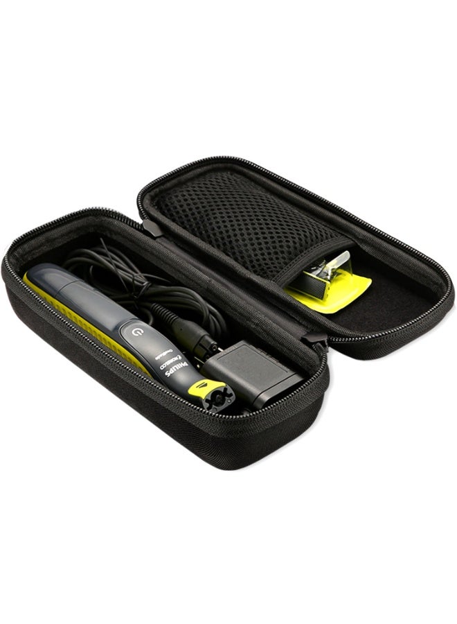حقيبة صلبة (Hard Case) مخصصة لجهاز حلاقة فيليبس نorelco OneBlade، متوافقة مع طرازات QP2520 و QP2530 و QP2620 و QP2630. تعمل كمنظم سفر عملي (Travel Organizer) وآمنة لحمل ماكينة الحلاقة الكهربائية الهجينة (Hybrid Trimmer and Shaver) وإكسسواراتها. تعتبر هدية مثالية وعملية لعيد الأب. - Image 1