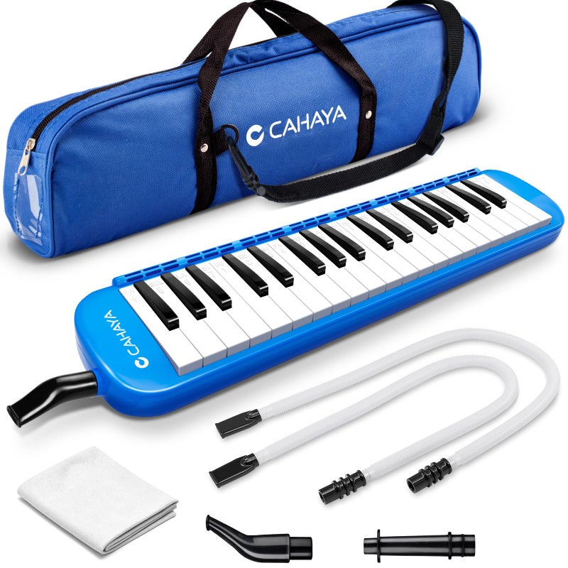 CAHAYA Melodica 37 Keys with Carrying Bag and 2 with Mouthpieces Air Piano Keyboard Musical Instrument for Kids and Adults Blue Model CY00492