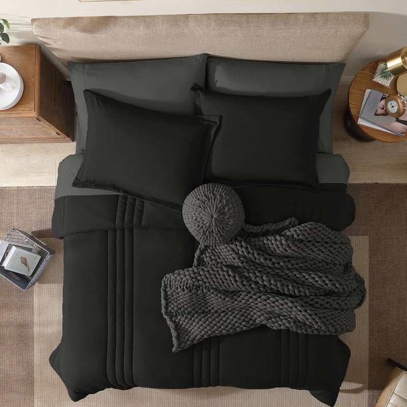 Monbix Full Comforter Set - 7 Pieces Black Bed in a Bag Full Size Bedding Sets with Comforters, All Seasons Comforter with Sheets, Pillowcases & Shams - Image 2