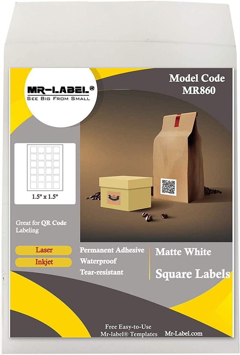 MrLabel 15 x 15 Square White Sticker Labels Waterproof and TearResistant for Inkjet Laser Printer for Food Package Gift Bag Jar 100 Sheets Total 2400 Labels