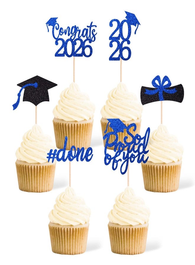 Gexolenu 36 pcs Class of 2026 Graduation Cupcake Toppers, Blue Glitter Double-Sided Grad Cap Cake Toppers for Graduation Party Supplies, 2026 Graduate Party Cake Picks Decorations - Image 1