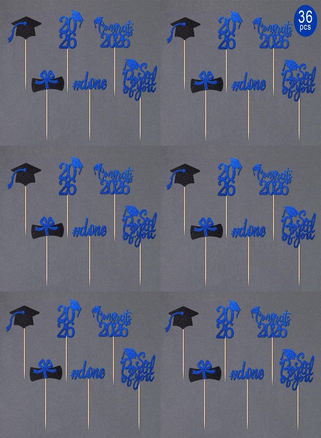 Gexolenu 36 pcs Class of 2026 Graduation Cupcake Toppers, Blue Glitter Double-Sided Grad Cap Cake Toppers for Graduation Party Supplies, 2026 Graduate Party Cake Picks Decorations - Image 3