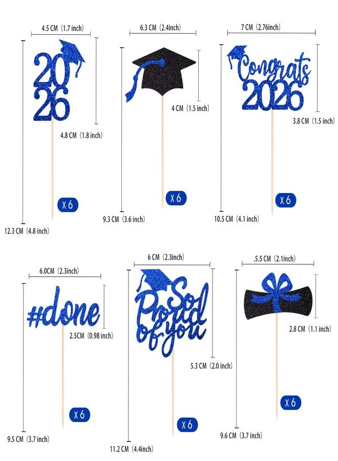 Gexolenu 36 pcs Class of 2026 Graduation Cupcake Toppers, Blue Glitter Double-Sided Grad Cap Cake Toppers for Graduation Party Supplies, 2026 Graduate Party Cake Picks Decorations - Image 2