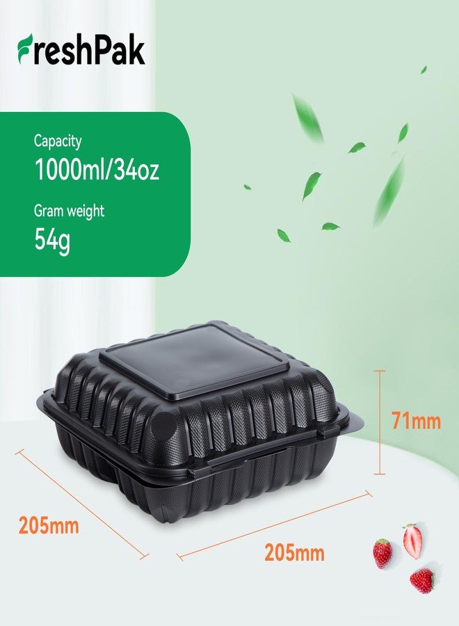 FRESHPAK Food Containers Mineral Filled PP 55 Pack - 8x8 34 oz Shrink Wrap BPA Free Plastic | Stackable Storage Clamshell Takeout Container | Reusable Microwave Safe | 3 Compartment Black Lunch Boxes - Image 4