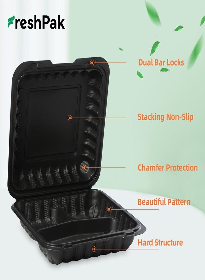 FRESHPAK Food Containers Mineral Filled PP 55 Pack - 8x8 34 oz Shrink Wrap BPA Free Plastic | Stackable Storage Clamshell Takeout Container | Reusable Microwave Safe | 3 Compartment Black Lunch Boxes - Image 5