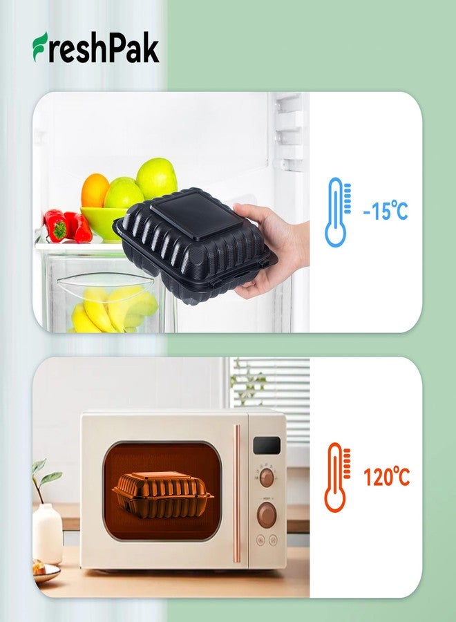 FRESHPAK Food Containers Mineral Filled PP 55 Pack - 8x8 34 oz Shrink Wrap BPA Free Plastic | Stackable Storage Clamshell Takeout Container | Reusable Microwave Safe | 3 Compartment Black Lunch Boxes - Image 3