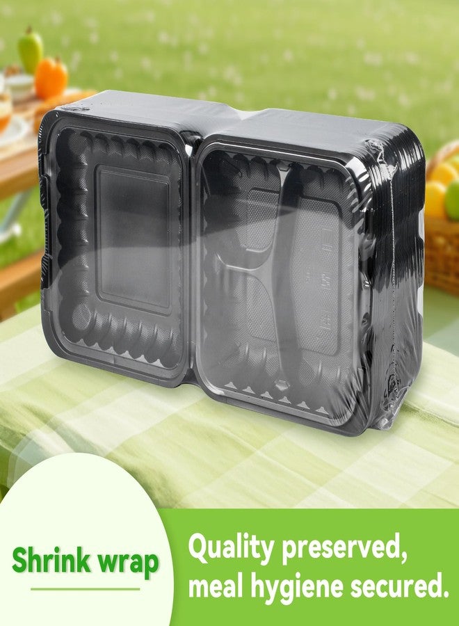 FRESHPAK Food Containers Mineral Filled PP 55 Pack - 8x8 34 oz Shrink Wrap BPA Free Plastic | Stackable Storage Clamshell Takeout Container | Reusable Microwave Safe | 3 Compartment Black Lunch Boxes - Image 2