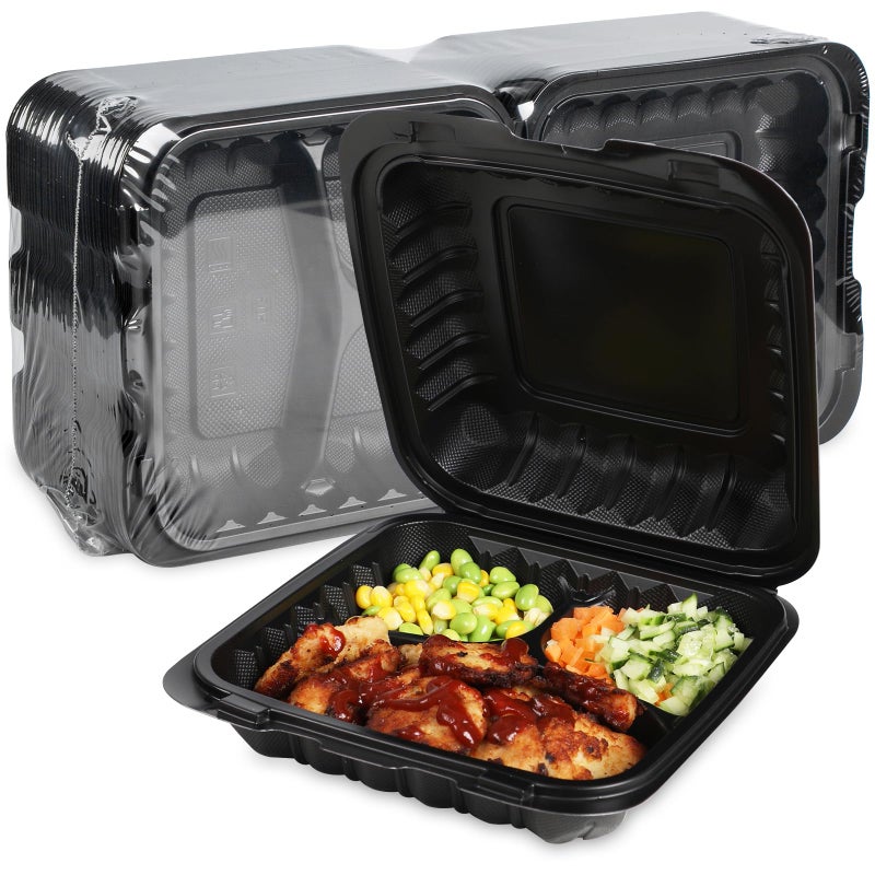 FRESHPAK Food Containers Mineral Filled PP 55 Pack - 8x8 34 oz Shrink Wrap BPA Free Plastic | Stackable Storage Clamshell Takeout Container | Reusable Microwave Safe | 3 Compartment Black Lunch Boxes - Image 1