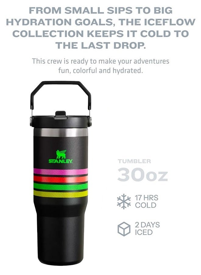 Stanley - IceFlow Stainless Steel Tumbler 30oz, Leak Resistant, Vacuum Insulated Water Bottle with Straw, Keeps Drinks Cold for 12 Hours or Iced for 2 Days, Ideal for Home, Office or Travel, Black Neon Mesh - Image 1