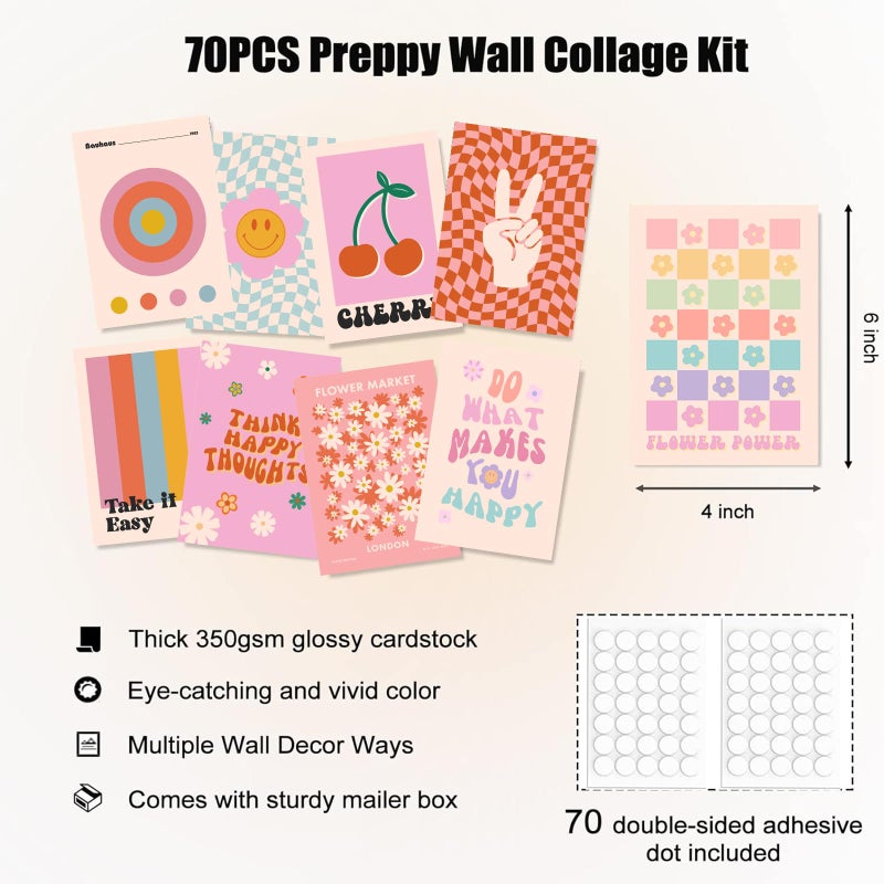 KBKBART Preppy Room Decor  70pcs Preppy Wall Collage Kit Aesthetic Pictures  Cute Preppy Wall Decor  Trendy Pink Photo Collage Kit 4""x6"" Preppy Wall Art Posters  Preppy Things for Teen Girls Bedroom Dorm - Image 2