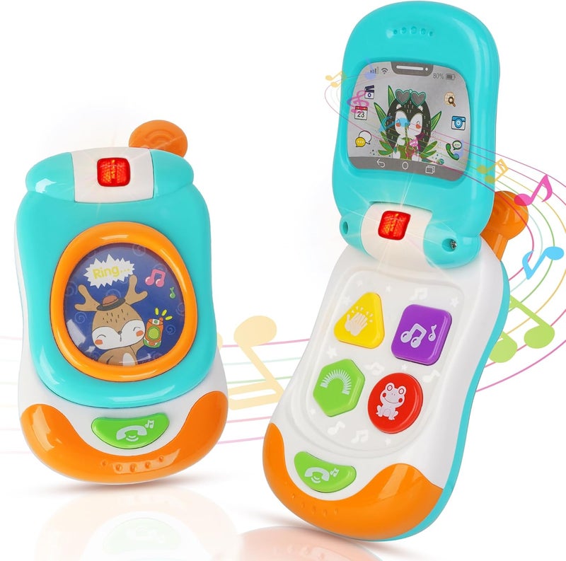 Caterbee Shock rubber edge Musical Baby Flip Phone Toy, Interactive Learning Toy with Lights and Sounds, Orange and Green, Educational Pretend Play Mobile Phone for Toddlers (Blue) Multi option design - Image 1