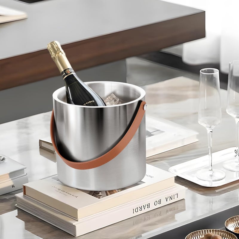 Bakpoco Double-Wall Vacuum Insulated Ice Bucket With Lid  Scoop  Ice Tong  Strainer & Leather Handle Keep Ice Frozen Longer Large Wine Ice Buckets For Cocktail Bar Parties Chilling Beer Champagne 3L - Image 5