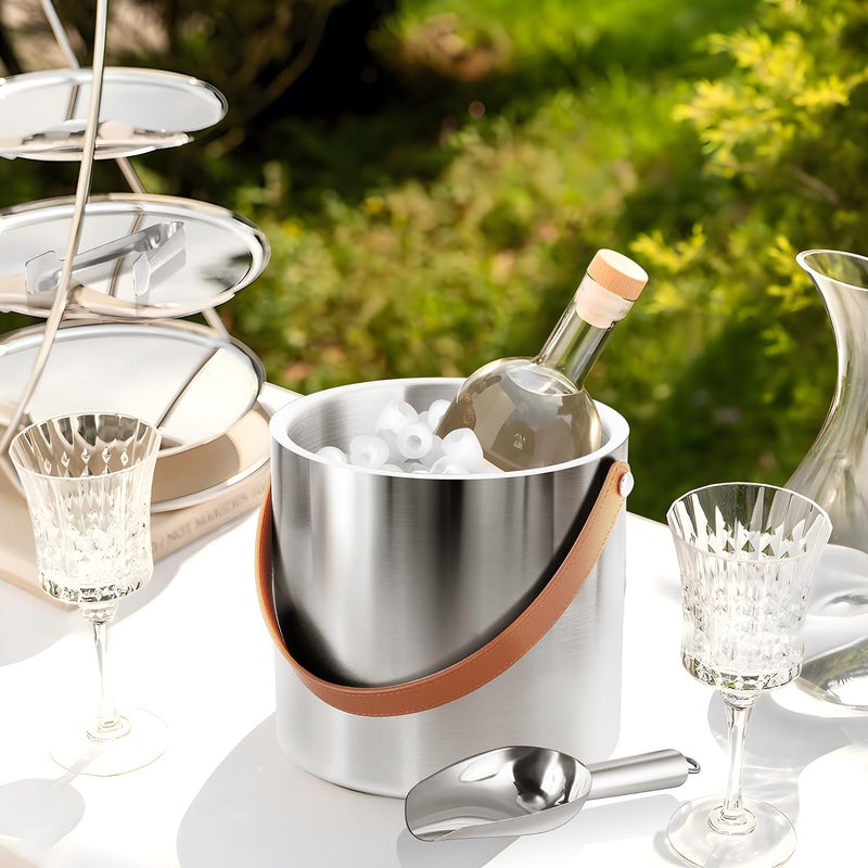 Bakpoco Double-Wall Vacuum Insulated Ice Bucket With Lid  Scoop  Ice Tong  Strainer & Leather Handle Keep Ice Frozen Longer Large Wine Ice Buckets For Cocktail Bar Parties Chilling Beer Champagne 3L - Image 3