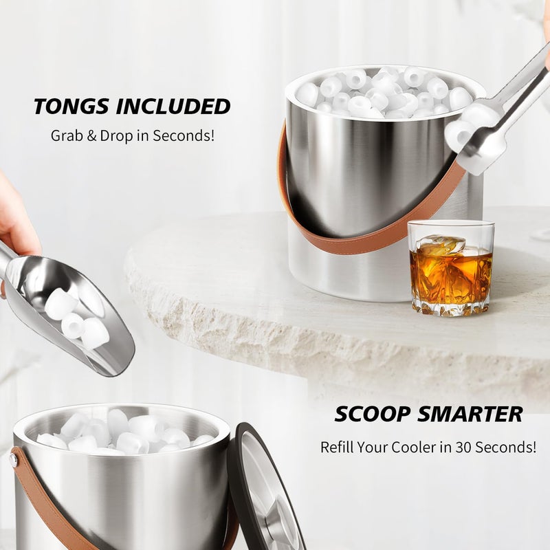 Bakpoco Double-Wall Vacuum Insulated Ice Bucket With Lid  Scoop  Ice Tong  Strainer & Leather Handle Keep Ice Frozen Longer Large Wine Ice Buckets For Cocktail Bar Parties Chilling Beer Champagne 3L - Image 2