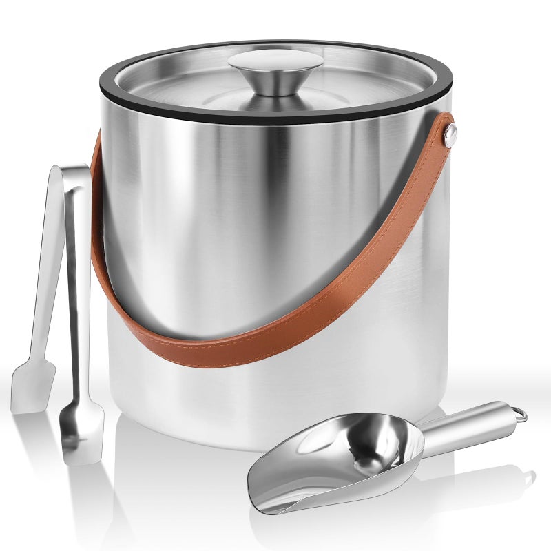 Bakpoco Double-Wall Vacuum Insulated Ice Bucket With Lid  Scoop  Ice Tong  Strainer & Leather Handle Keep Ice Frozen Longer Large Wine Ice Buckets For Cocktail Bar Parties Chilling Beer Champagne 3L - Image 1