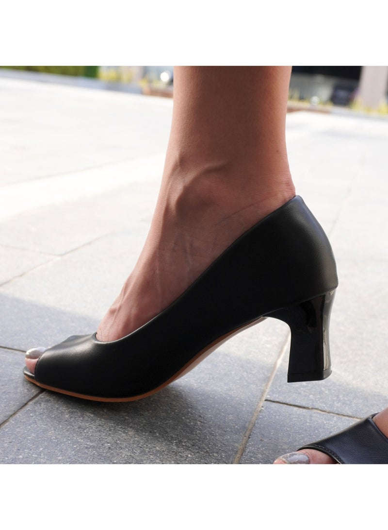 Women’s Black Peep-Toe Pumps with Block Heel | Stylish and Comfortable for All Occasions