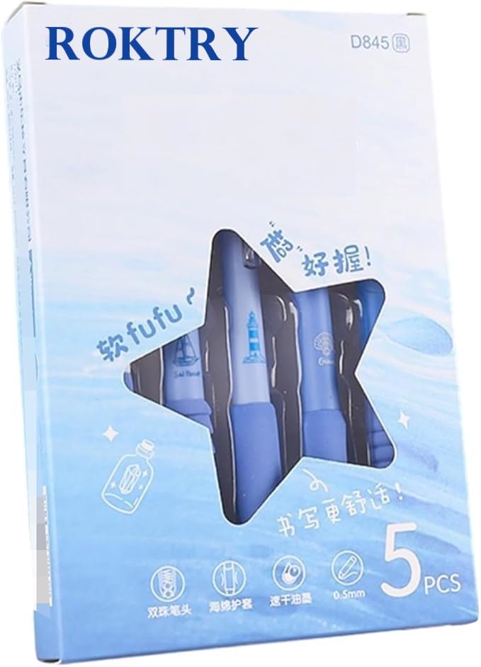 ROKTRY Beautiful blue ink Pen, 5pcs Erasable Ball,Erasable for Office School Stationery Students School, College & Office Writing (Star Pen,5 Pics) - Image 1