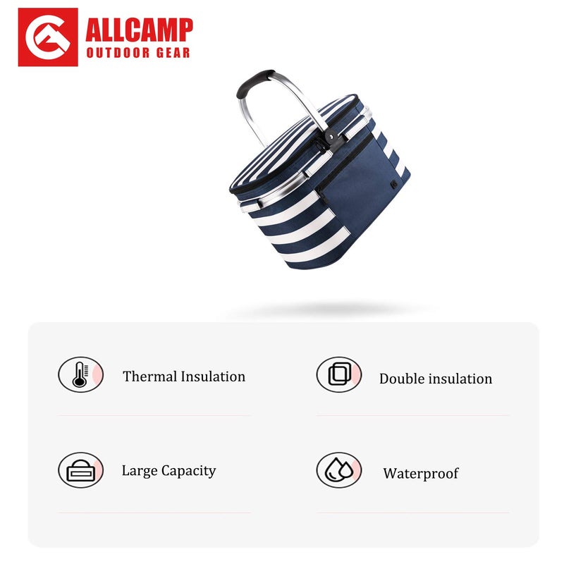 ALLCAMP OUTDOOR GEAR ALLCAMP Insulated Picnic Baskets Shoping Basket Cooler Bag Collapsible Portable Picnic Basket (Blue White Stripe) - Image 4