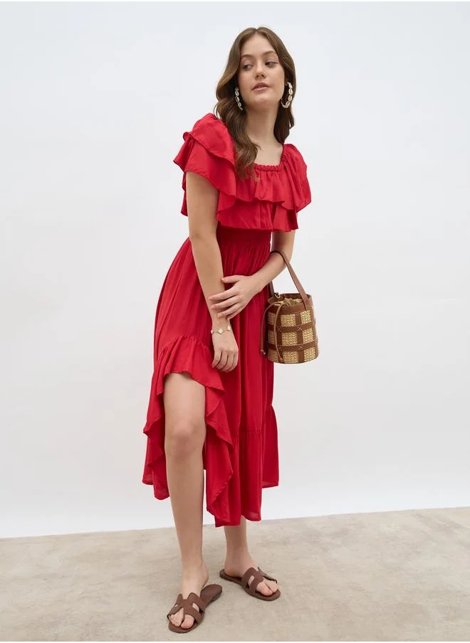 Styli Styli Women Red Smocked Asymmetric Hem A-Line Midi Dress