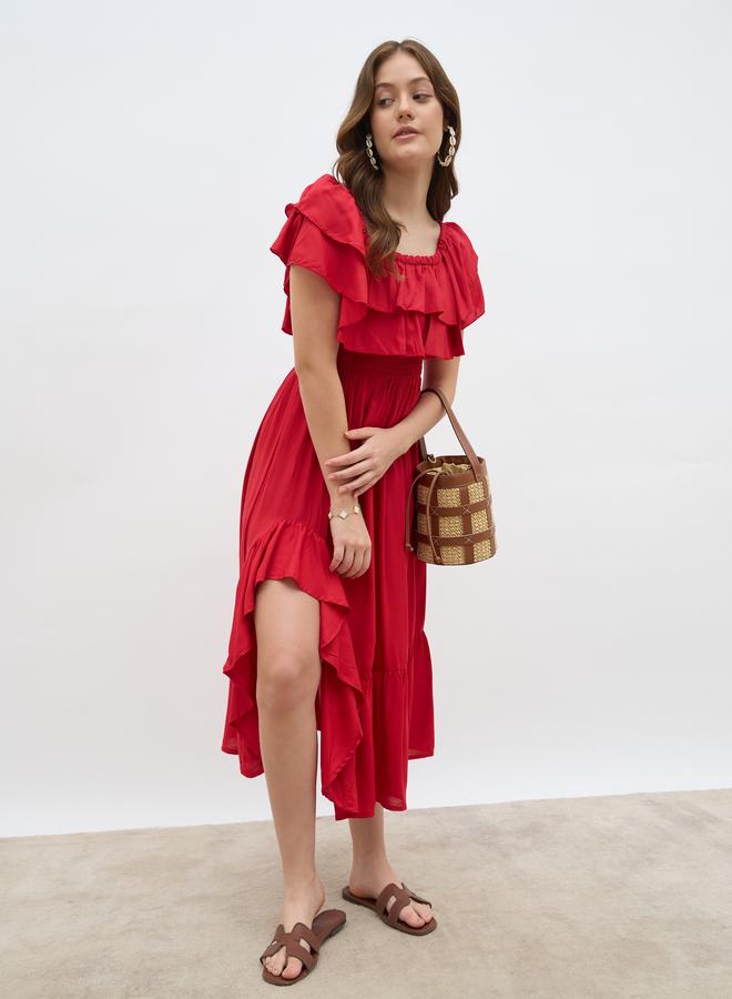 ستايلي فستان ميدي ستايلي نسائي أحمر بخصر مطاطي وحافة غير متماثلة - Image 1