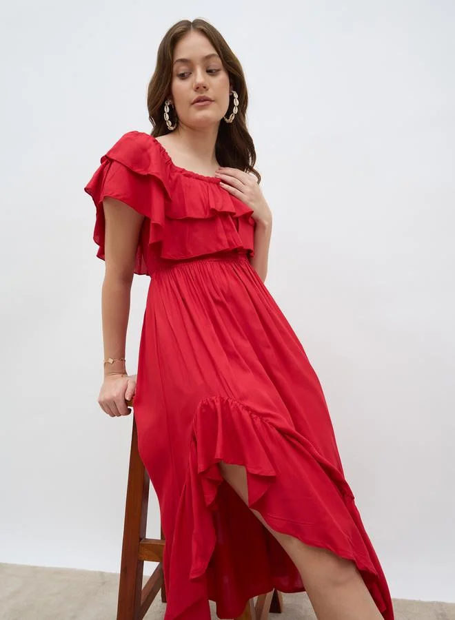 Styli Styli Women Red Smocked Asymmetric Hem A-Line Midi Dress